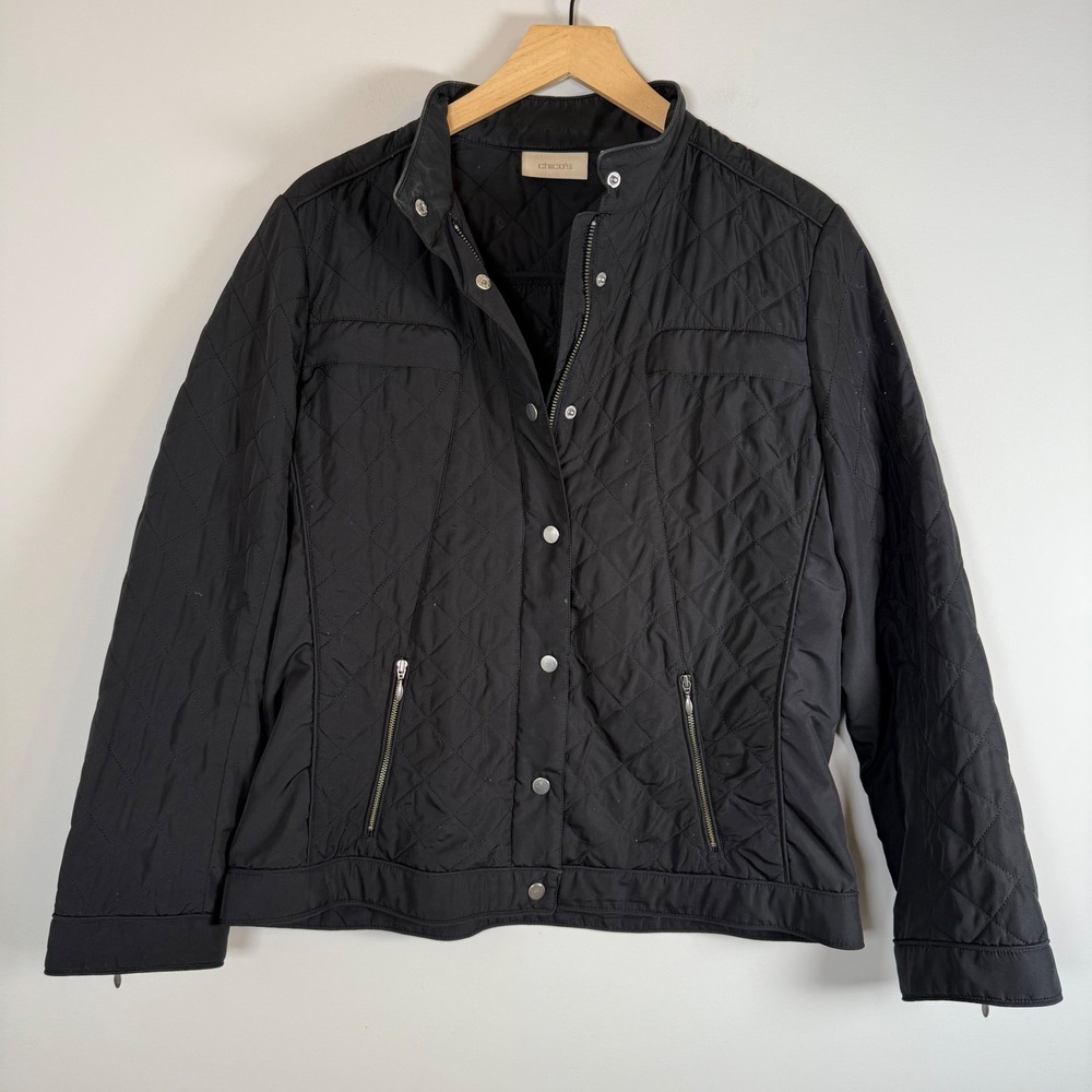 Chico's Quilted Puffer Jacket Zip Snap Up Black Winter Coat Size‎ 1 Medium
